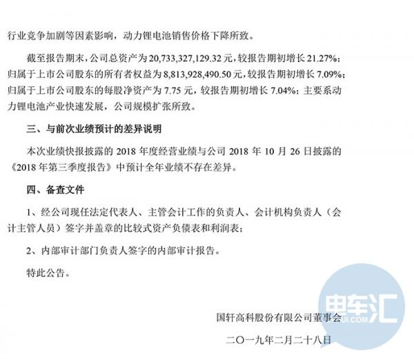 億緯鋰能、國軒高科同日發(fā)布2018年業(yè)績快報